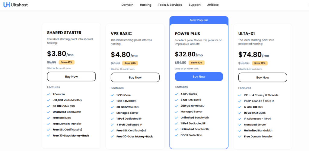 UltaHost - Price & Plans