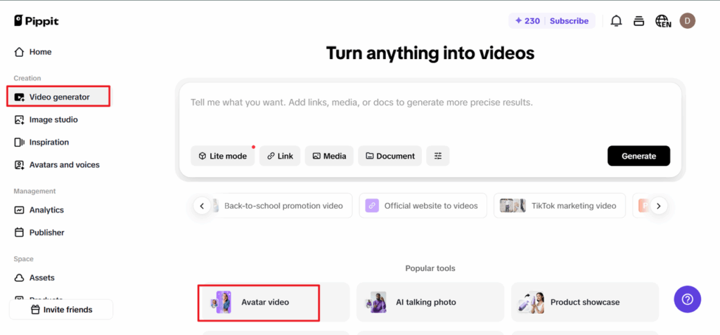 Go to the video generator and choose avatars